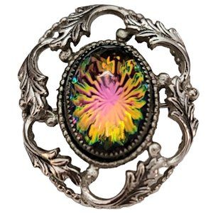 Whiting & Davis Silver Tone Oval Faceted Rhinestone Watermelon Leaf Brooch K695